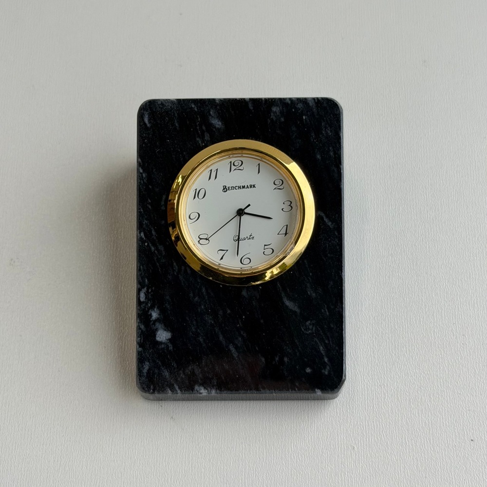 Vintage Benchmark Quartz Desk Clock Black Marble Gold Wedge‎ Analog Mid-Century